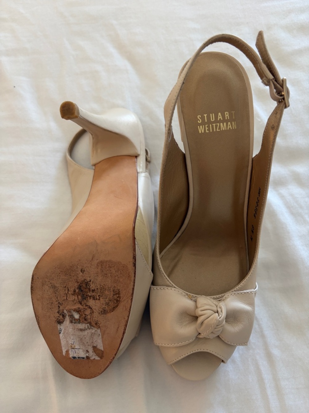 Stuart Weitzman Cream Peep-Toe Slingback Heels with Knot Accent - Picture 5 of 6